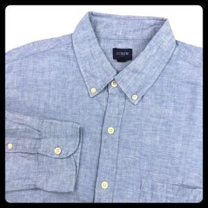 J.Crew Button Down Shirt Men Large Blue 100% Linen Long Sleeve F1823 Pocket